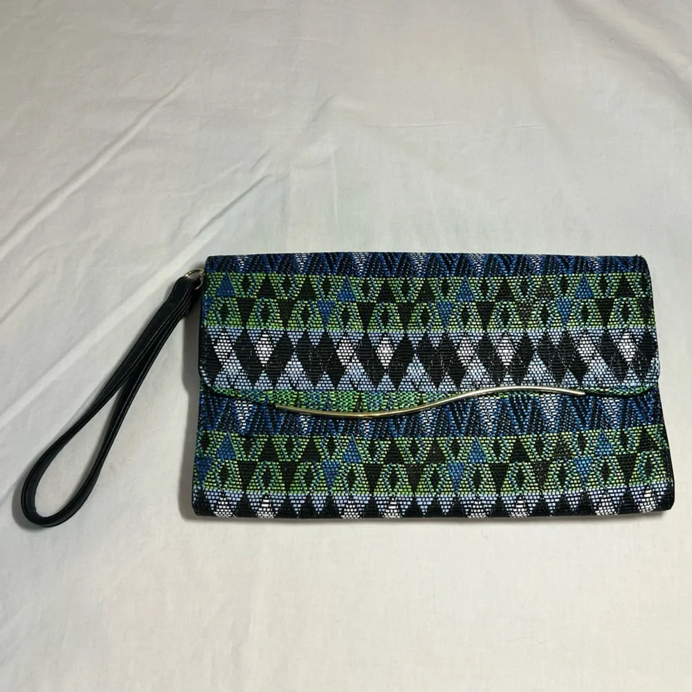 Woven Clutch Bag Wristlet Blue/Green/Black‎ Geometric Abstract Pattern